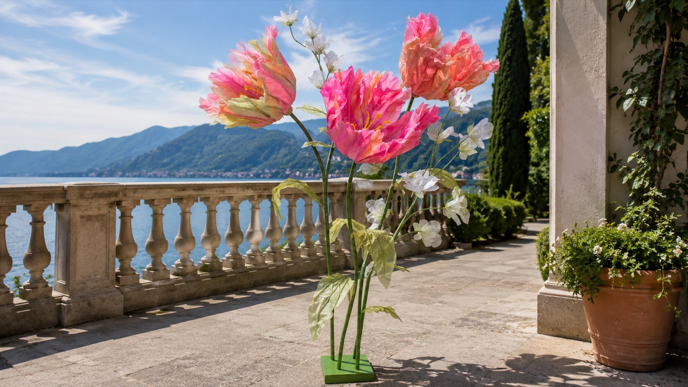 Installazione di fiori giganti artigianali di Olghet Flowers sul lago